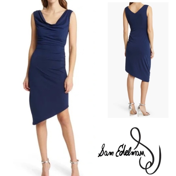 NWT Sam Edelman Navy Ruched Bodycon Sleeveless Midi Dress Size 6 - Picture 1 of 16